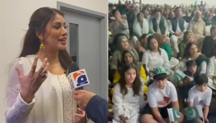 A combo showing showbiz star Mehwish Hayat speaking to Geo News and Pakistani community members attending Pakistan Day Festival in Dallas, US. — Reporter/File