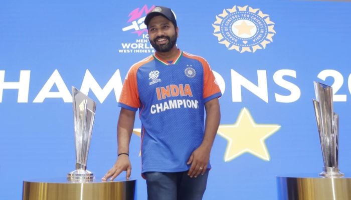 Rohit Sharma posing with the T20 World Cup 2024 trophy in Mumbai, India on July 4, 2024. — BCCI