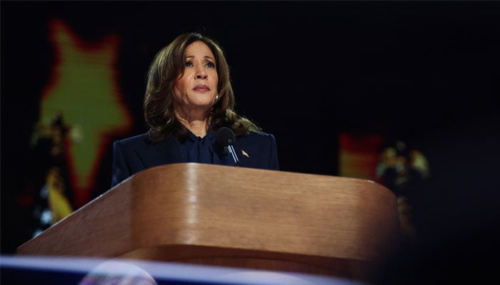 Democratic presidential nominee and US Vice President Kamala Harris speaks on Day 4 of the Democratic National Convention (DNC) at the United Center in Chicago, Illinois, US, August 22, 2024.  — Reuters