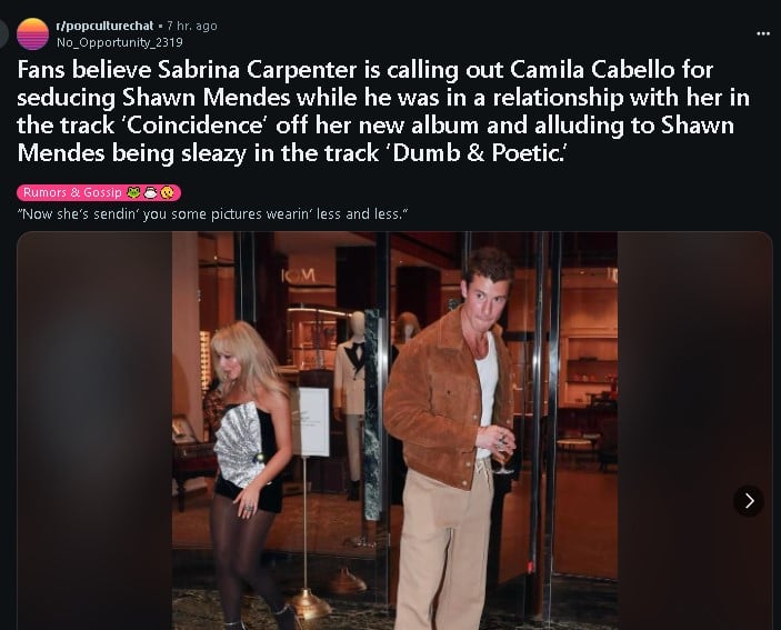 Sabrina Carpenter appears to hint at love triangle with Shawn Mendes and Camila Cabello latest album Short n Sweet