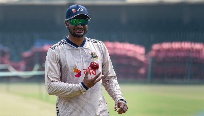 Bangladeshs Shakib Al Hasan attends a practice session at the Gaddafi Cricket Stadium in Lahore on August 15, 2024. —AFP