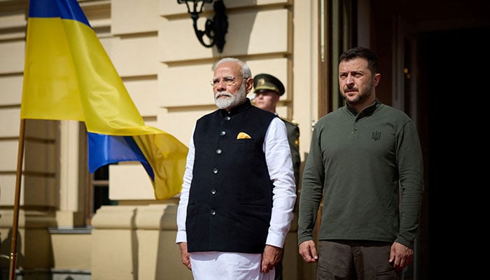 Ukraines President Volodymyr Zelenskiy welcomes Indias Prime Minister Narendra Modi, amid Russias attack on Ukraine, in Kyiv, Ukraine August 23, 2024. — Reuters