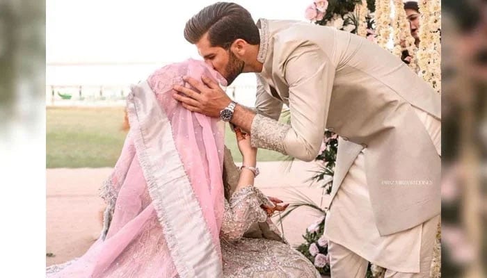 Pakistan pacer Shaheen Shah Afridi with his wife Ansha Afridi during Nikah ceremony on February 4, 2023. — X/@SAfridiOfficial