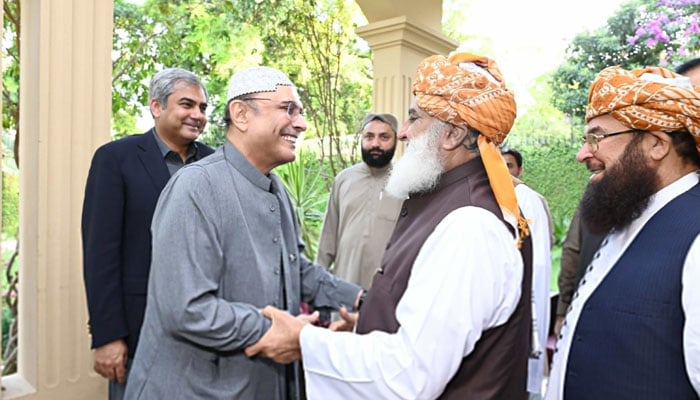 President Asif Ali Zardari is meeting JUI-F chief Maulana Fazlur Rehman at the latters residence in Islamabad on August 24. — APP