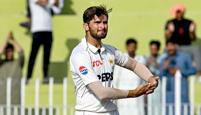 Shaheen Shah Afridi celebrates after taking the wicket of Bangladesh’s Hasan Mahmud (not pictured) during the fourth day of the first Test cricket match between Pakistan and Bangladesh. — AFP