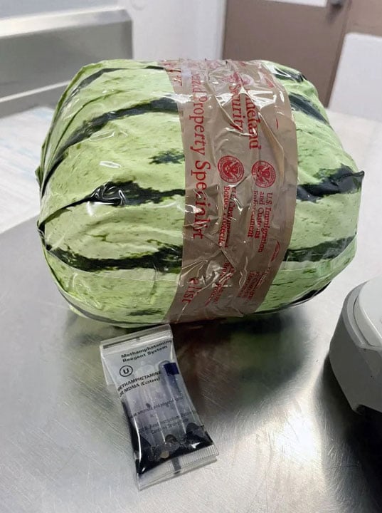 This undated and unlocated image released by U.S. Customs and Border Protection on August 20, 2024, shows a package wrapped in paper and designed to look like a watermelon. — AFP