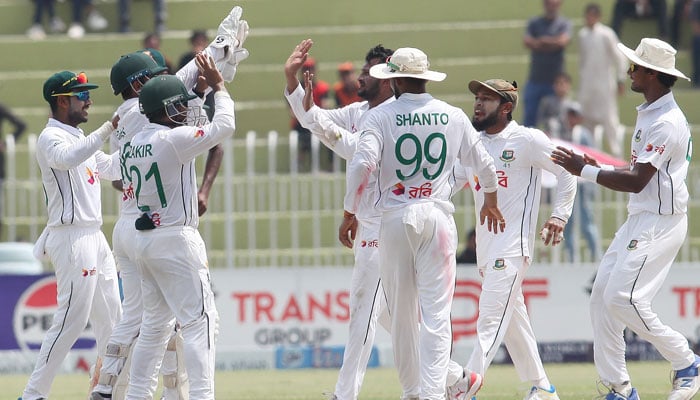 Bangladeshi players celebrate during the fifth day of the first Test cricket match against Pakistan at the Rawalpindi Cricket Stadium on August 25, 2024. — PCB website