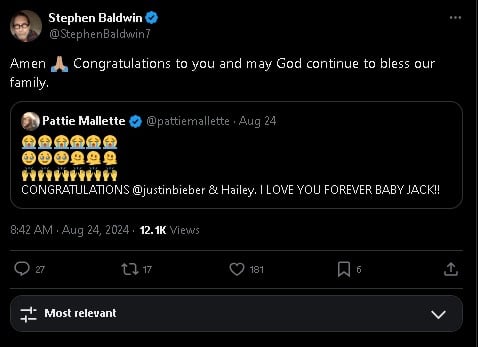 Hailey Biebers dad Stephen Baldwin congratulates the couple