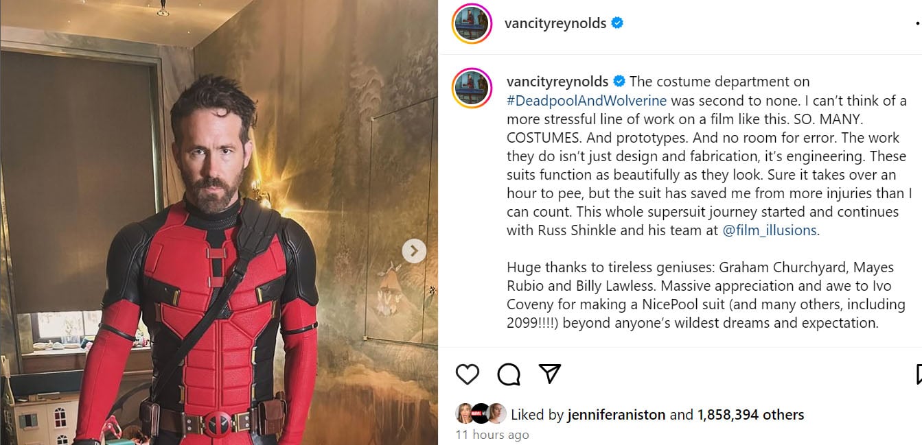 Ryan Reynolds gives shoutout to Deadpool & Wolverine costume department