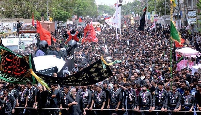 Mourners attend the 10th Muharram procession to mark Ashoura at Empress Market in Karachi on July 29, 2023. — APP