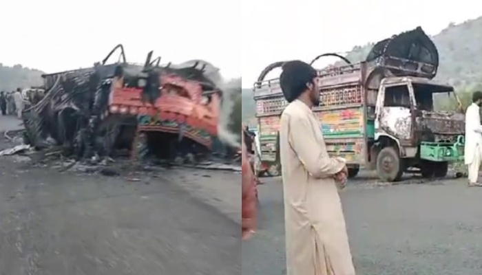 Burnt vehicles can be seen at the site of the incident where armed men offloaded and gunned down around two dozen people in Balochistans Musakhail on August 26, 2024. — Reporter