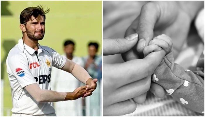 Shaheen Afridi celebrates birth of his son (left) and photo shared by cricketer showing he and his wife holding hand of their son. — AFP/File/Instagram/@ishaheenafridi10