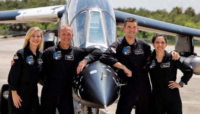 Crew members of Polaris Dawn, a private human spaceflight mission, attend a press conference at the Kennedy Space Center in Cape Canaveral, Florida, US on August 19, 2024. — Reuters