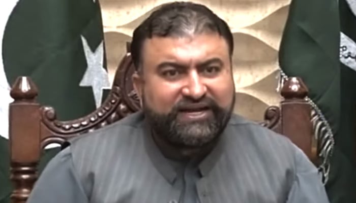 Balochistan CM Mir Sarfraz Bugti addresses the press conference on August 26, 2024. — Screengrab via Geo News