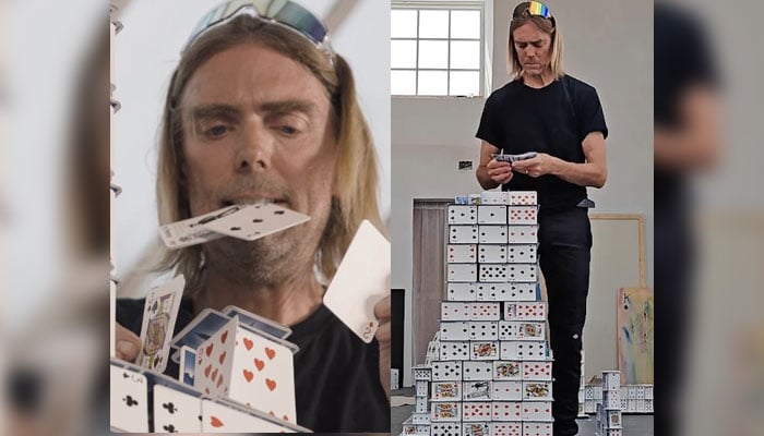 A combination of screenshots from a video showing card-stacking artist and architect Bryan Berg construct the tallest house of cards. — Screengrab/Instagram/@guinnessworldrecords