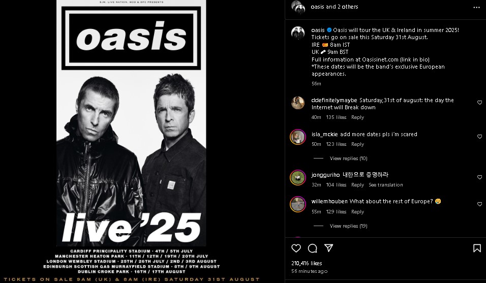 Oasis confirms 2025 tour after 15 years break