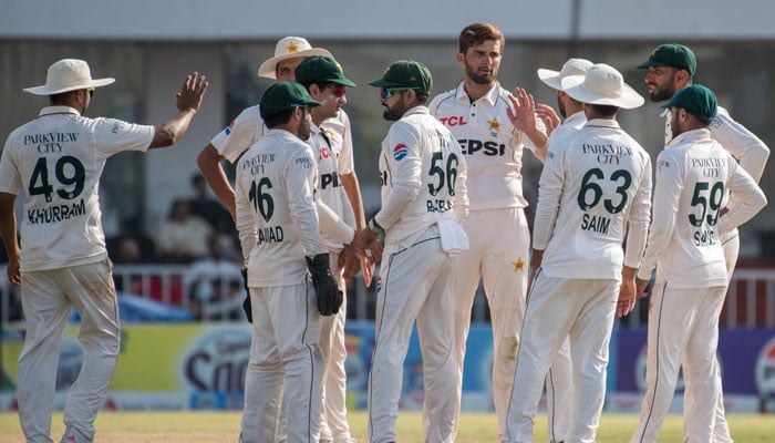 Pakistan cricket team celebrates a wicket by Shaheen Shah Afridi during the first Test match with Bangladesh. — PCB/File