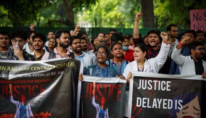 Doctors shout slogans during a protest demanding justice following the rape and murder of a female trainee medic at a hospital in Kolkata, in New Delhi, India, August 19, 2024. — Reuters