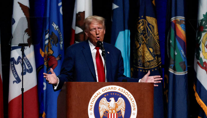 Republican presidential nominee and former U.S. President Donald Trump speaks at the National Guard of the United States NGAUS General Conference in Detroit, Michigan US, August 26, 2024. —Reuters