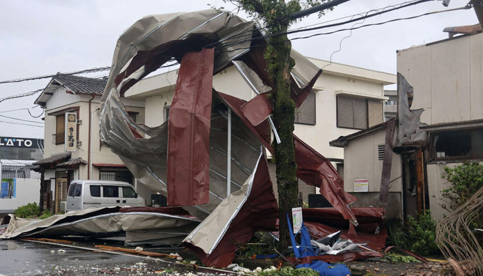 An object blown by strong winds caused by Typhoon Shanshan is stranded on a power line in Miyazaki, southwestern Japan, August 29, 2024. — Reuters