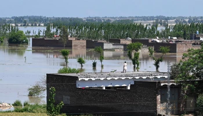 A man stands on the roof of his flood-damaged house after heavy rains in Nowshera district, Khyber-Pakhtunkhwa province in Pakistan, April 16, 2024. — AFP