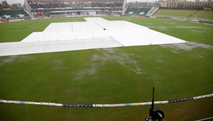 Covers have been placed on the pitch due to rain in the Rawalpindi cricket stadium on August 30, 2024. —PCB