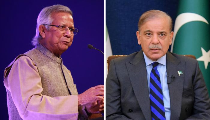 The combined image shows Prime Minister Shehbaz Sharif (R) and Professor Muhammad Yunus (L). — Reuters/File