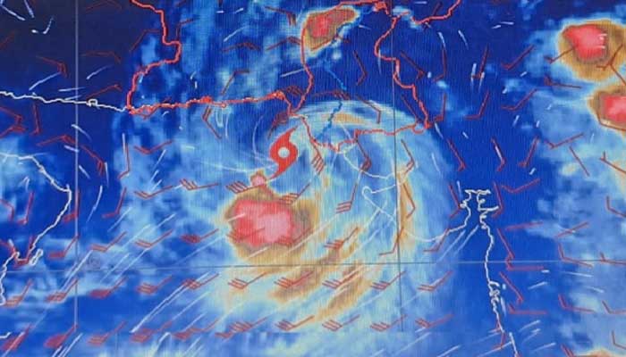 A screenshot shows a severe weather system intensifies into Cyclone Asna along Sindh coast on August 30, 2024. — PMD