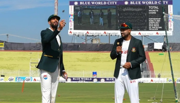 Pakistan skipper Shan Masood and Bangladesh captain Najmul Hossain Shanto at Rawalpindi Cricket Stadium on August 31, 2024. —PCB