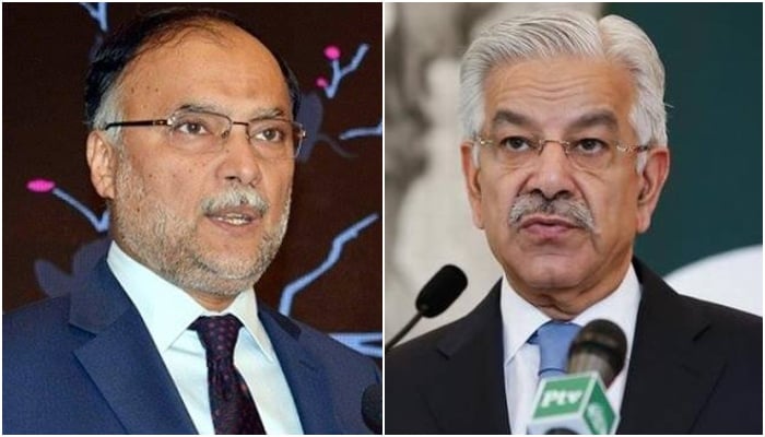 PML-N leaders Ahsan Iqbal (left) and Khawaja Asif. — Facebook/ khawajaAsifofficial/ahsaniqbal.pk