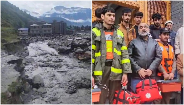 Destruction of arterial road in Kumrat Valley after heavy rains (left) and tourists standing with rescue officials in these stills taken from videos. — Geo News