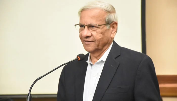 Economist Dr Kaiser Bengali speaks at an int’l conference on the transformation of ideas in Pakistan’s political culture on February 20, 2024. — Facebook/Karachi University