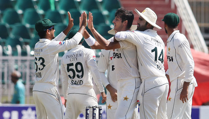 Pakistani players celebrate after taking a wicket on the third day of second Test against Bangladesh at the Rawalpindi Cricket Stadium on September 1, 2024. — PCB