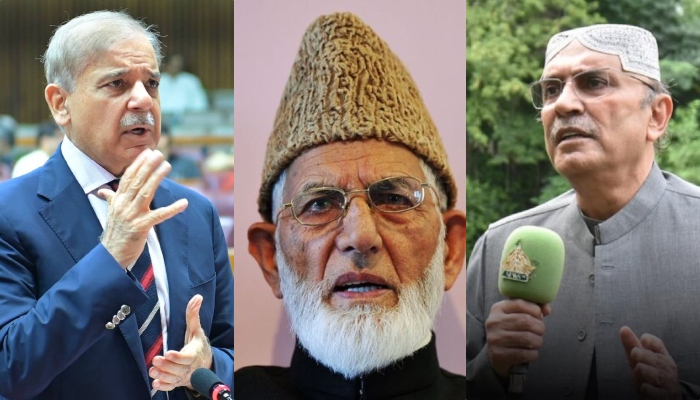 President Asif Ali Zardari (right), Prime Minister Shehbaz Sharif (left) and Kashmiri leader Syed Ali Shah Geelani. — APP/ Facebook/@ShehbazSharif/@Bilawalhouse