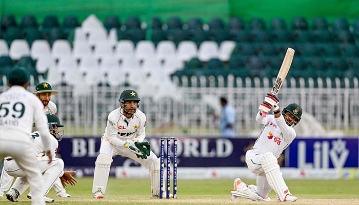 Bangladeshs Zakir Hasan (R) plays a shot during the fourth day of the second and last Test cricket match between Pakistan and Bangladesh, at the Rawalpindi Cricket Stadium in Rawalpindi on September 2, 2024. — AFP