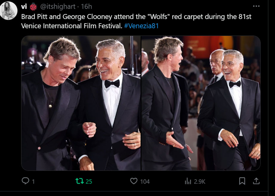 Brad Pitt was in awe at the premiere of “Wolfs” alongside George Clooney