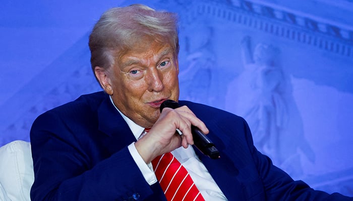 Republican presidential nominee and former US president Donald Trump participates in a fireside chat during the Moms for Liberty National Joyful Warriors Summit, in Washington, US on August 30, 2024.— Reuters