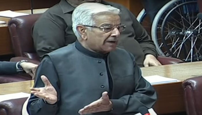 Minister for Defence Khawaja Asif speaks on National Assembly floor in Islamabad on September 2, 2024. — Screengrab/Geo News