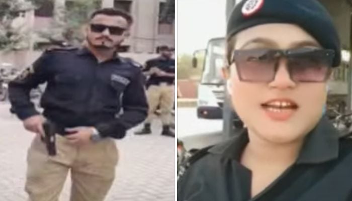 The combination image shows screegrabs from the social media videos uploaded by police constables Maria (R) and Zeeshan (L). — Geo News