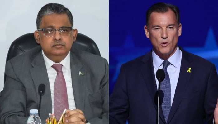 A combination of images showing Pakistans Ambassador to US Rizwan Saeed Sheikh (left) and  Chairman of Congressional Pakistan Caucus Representative Tom Suozzi. — Consulate General of Pakistan in Jeddah/Reuters/Files