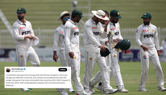 Pakistani players pictured during the fifth day of the second Test against Bangladesh at Rawalpindi Cricket Stadium on September 3, 2024, and screengrab of Harsha Bhogles tweet in its foreground. — PCB/X/@bhogleharsha