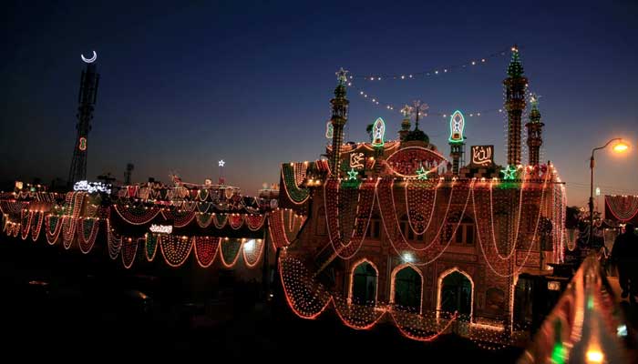 A mosque is seen illuminated ahead of Eid Milad ul Nabi in Rawalpindi, November 29, 2017. — Reuters