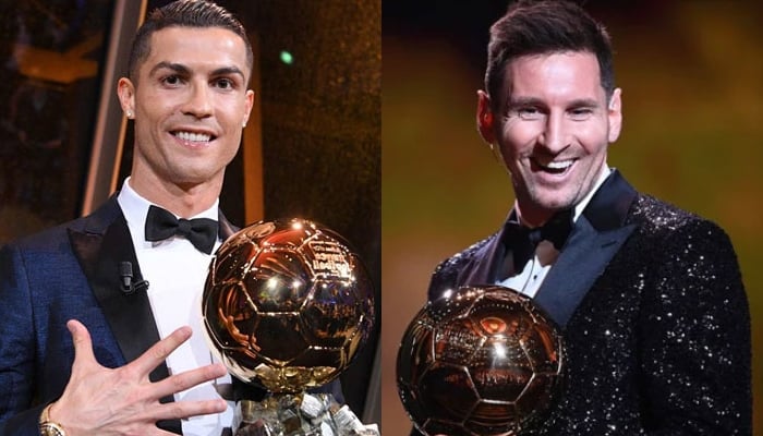 Cristiano Ronaldo (right) and Argentine forward Lionel Messi pose with Ballon dOr trophy in 2017 and 2021 respectively. —AFP/File