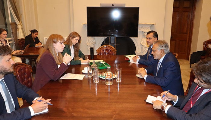 Deputy PM Senator Ishaq Dar speaks to British counterpart Angela Rayner. — FO/File