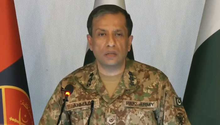 DG ISPR Lt Gen Ahmad Sharif Chaudhry is briefing the media at the GHQ in Rawalpindi on August 5, 2024. — Screengrab/YouTube/GeoNews