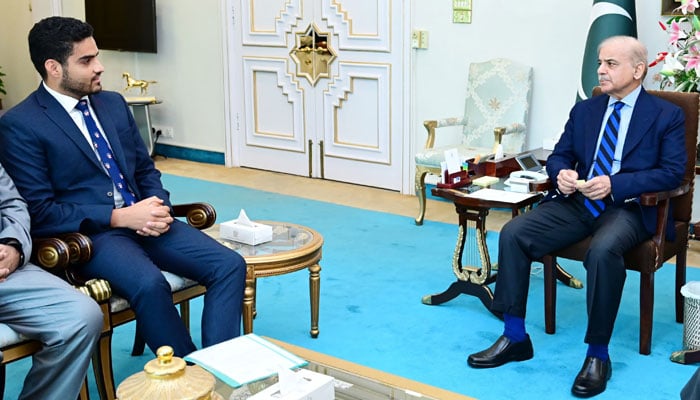 Pakistans newly-appointed Ambassador-at-Large for Youth Empowerment Israr Khan Kakar meets with Prime Minister Shehbaz Sharif at PM House. — Photo by author