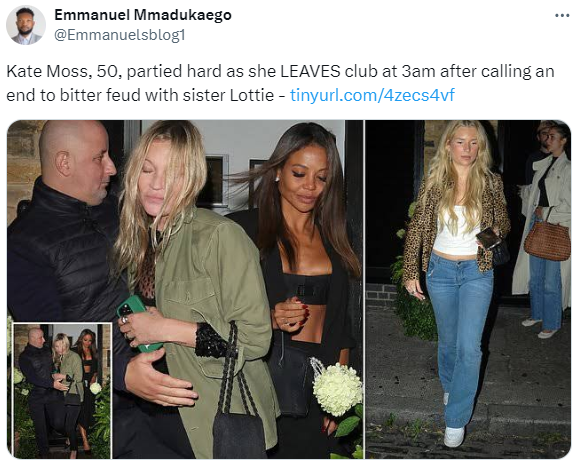 Kate Moss parties out with sister after ending their bitter feud