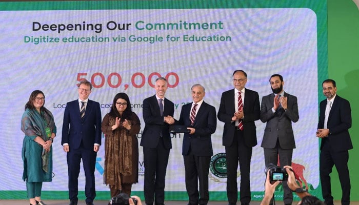 President of Google Asia Pacific (APAC) Scott Beaumont presents locally manufactured Chromebook Prime Minister Shehbaz Sharif on September 5, 2024 in Islamabad. — Supplied