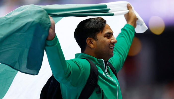 Haider Ali of Pakistan celebrates after winning a bronze medal at the Paris 2024 Paralympics in the Mens Discus Throw F37 final at the Stade de France, Saint-Denis, Paris, France on September 6, 2024. — Reuters