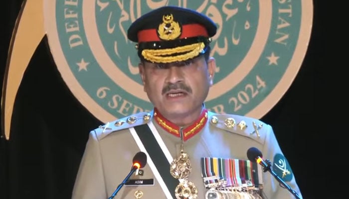 Army Chief General Asim Munir is addressing a Defence Day ceremony in Rawalpindi on September 6, 2024. — Screengrab via Geo News